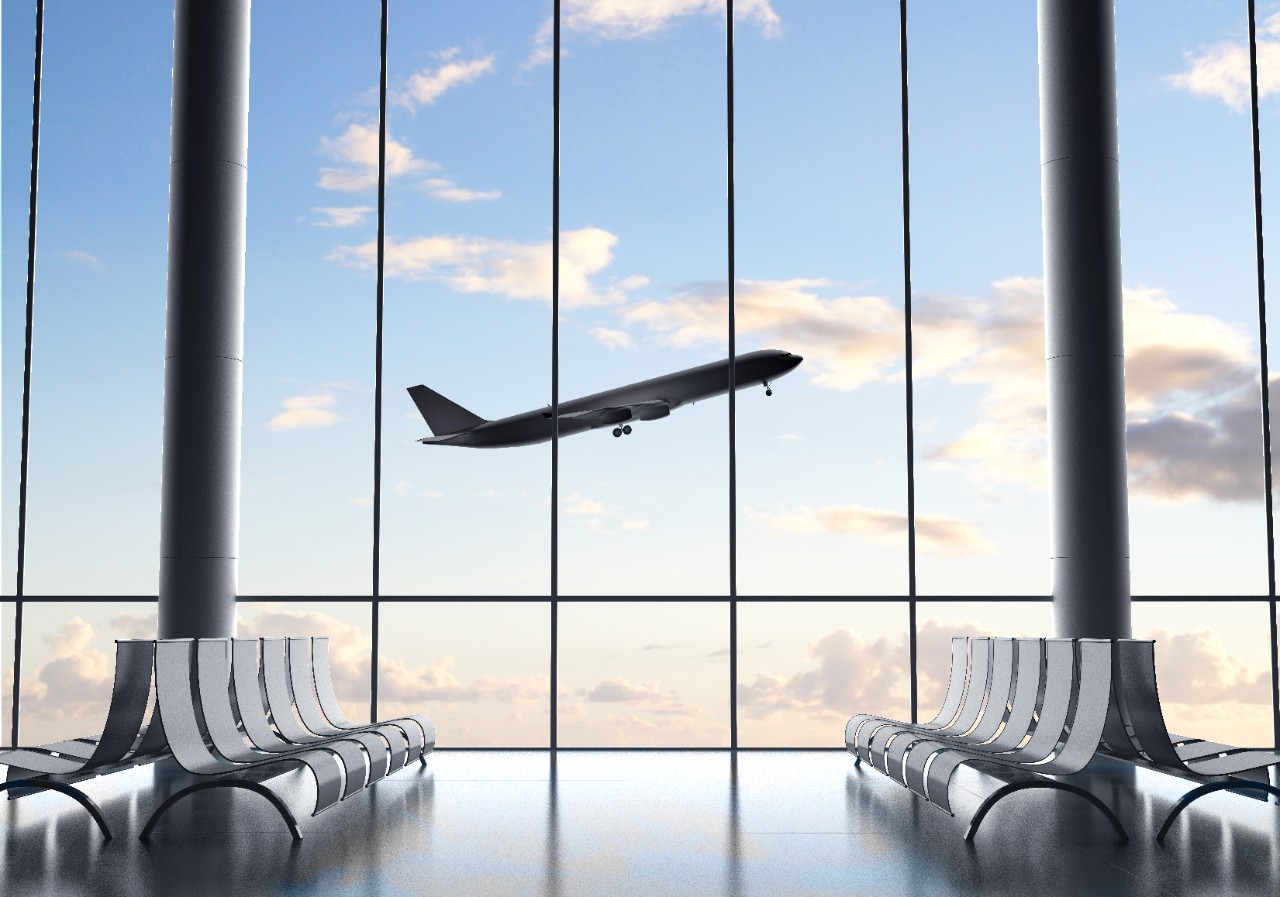 airport interior with big window and airplane